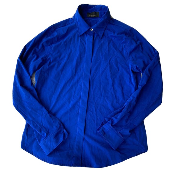 Averly Blouse Sz M Longsleeve Button Front Royal Blue Career Work Trendy Womens - Picture 1 of 11